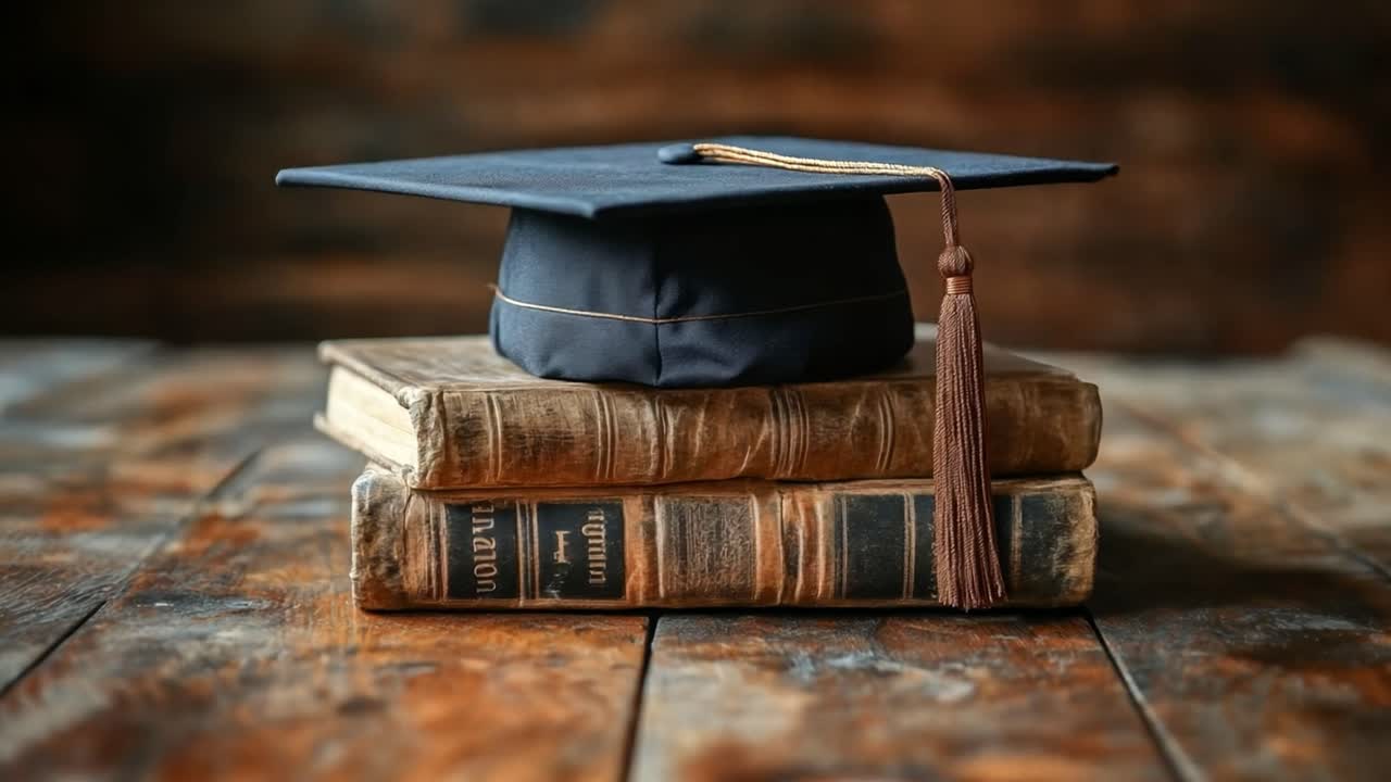 Cappuccio di laurea sulla pila di libri
