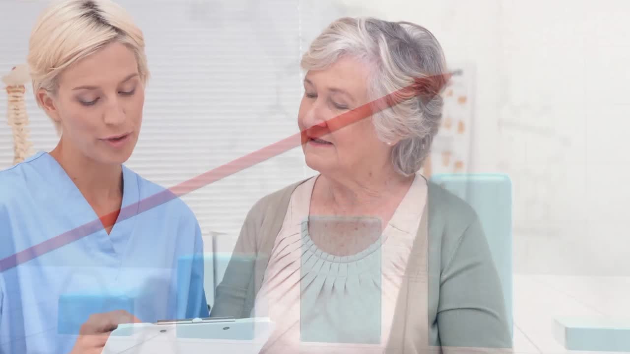 Statistics recording over senior female patient and a doctor in background. Covid-19 spreading