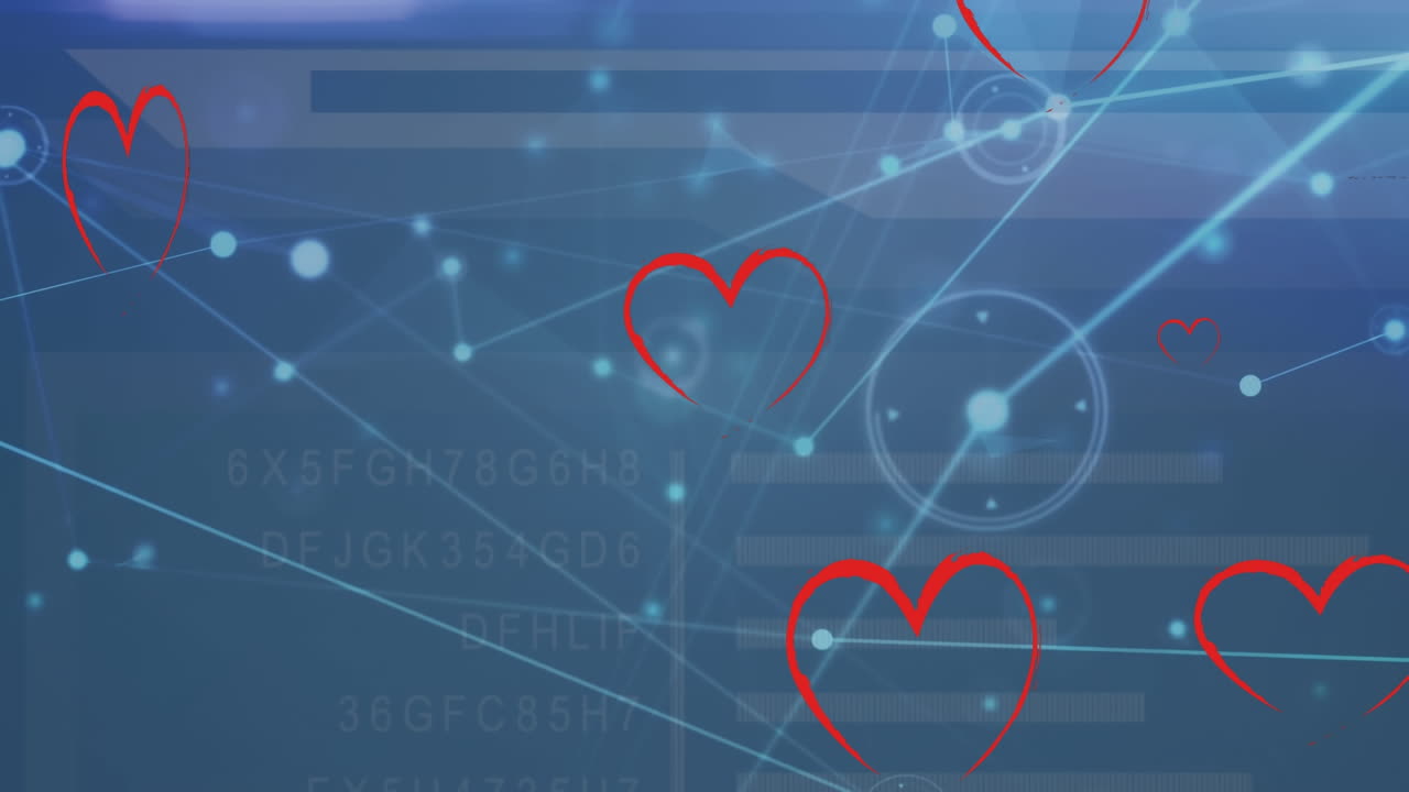 여러 개의 빨간색 심장 아이콘과 파란색 배경의 데이터 처리에 대한 연결 네트워크