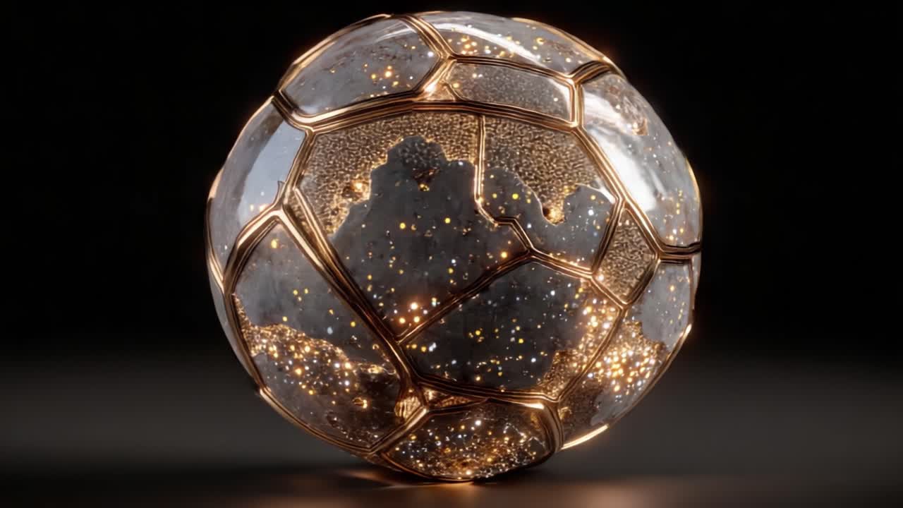 En imponerende 3D-gengivelse af en glitrende fodbold med funklende detaljer og et unikt design, der viser sportens majestætiske skønhed i kunstnerisk form