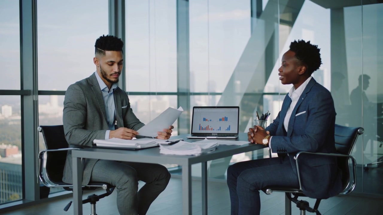 Flipping papers for interview, gray-suit man showing data at office with laptop, peer replying
