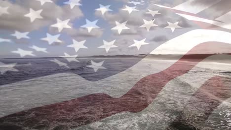 digital composition of waving us flag against aerial view of waves in the sea