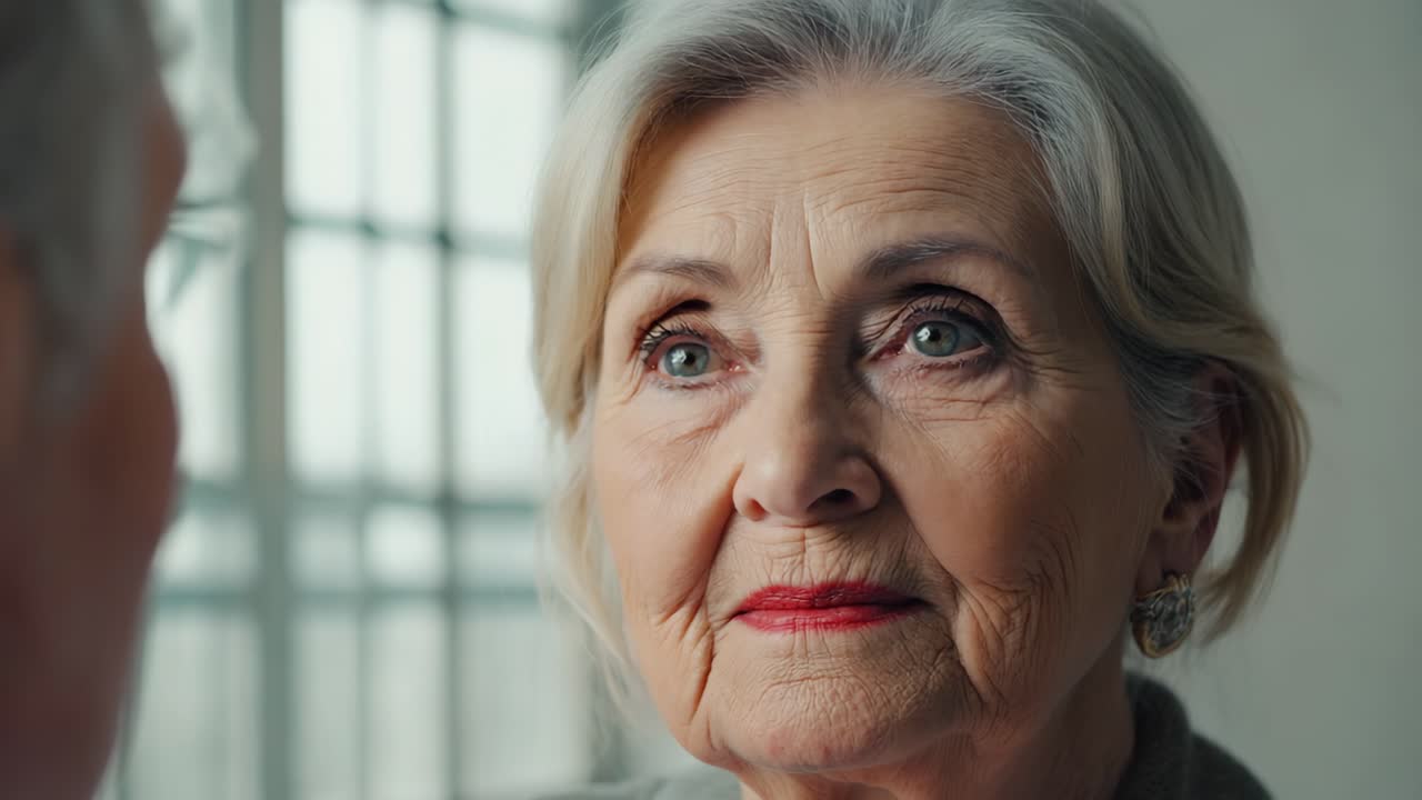 Elderly woman with gray hair and red lipstick listens attentively to someone near a window, creating a sense of contemplation and engagement