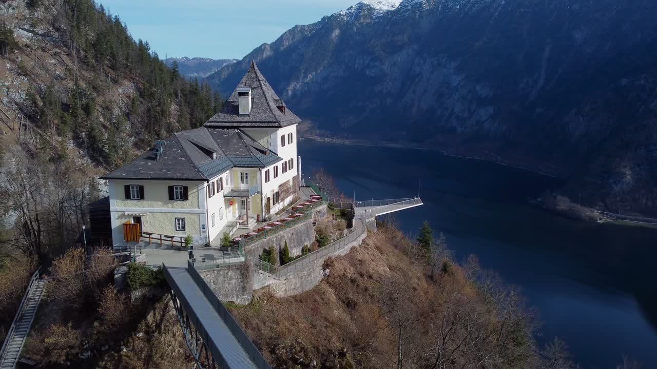 Aerial view of Hallstatt Skywalk and Hallstätter See Lake in March - Austria