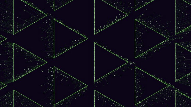 Dynamic black and green geometric pattern with triangles in motion