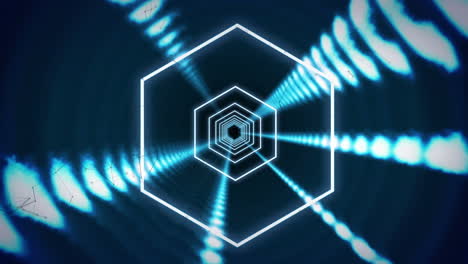 animation of green connections, glowing hexagons spinning in tunnel of glowing lights