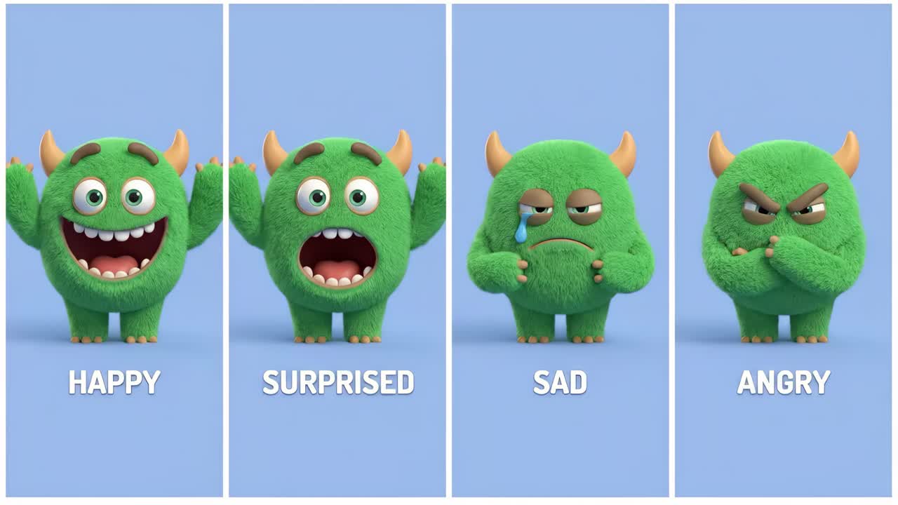 Niedliche grüne Cartoon-Monster, die verschiedene Emotionen ausdrücken