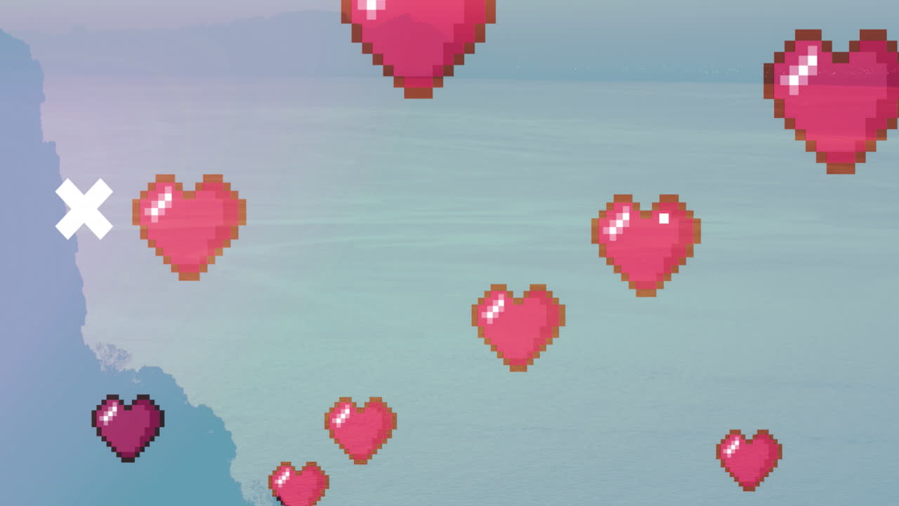 해안과 바다 풍경에 대한 소셜 미디어 심장 아이콘의 애니메이션