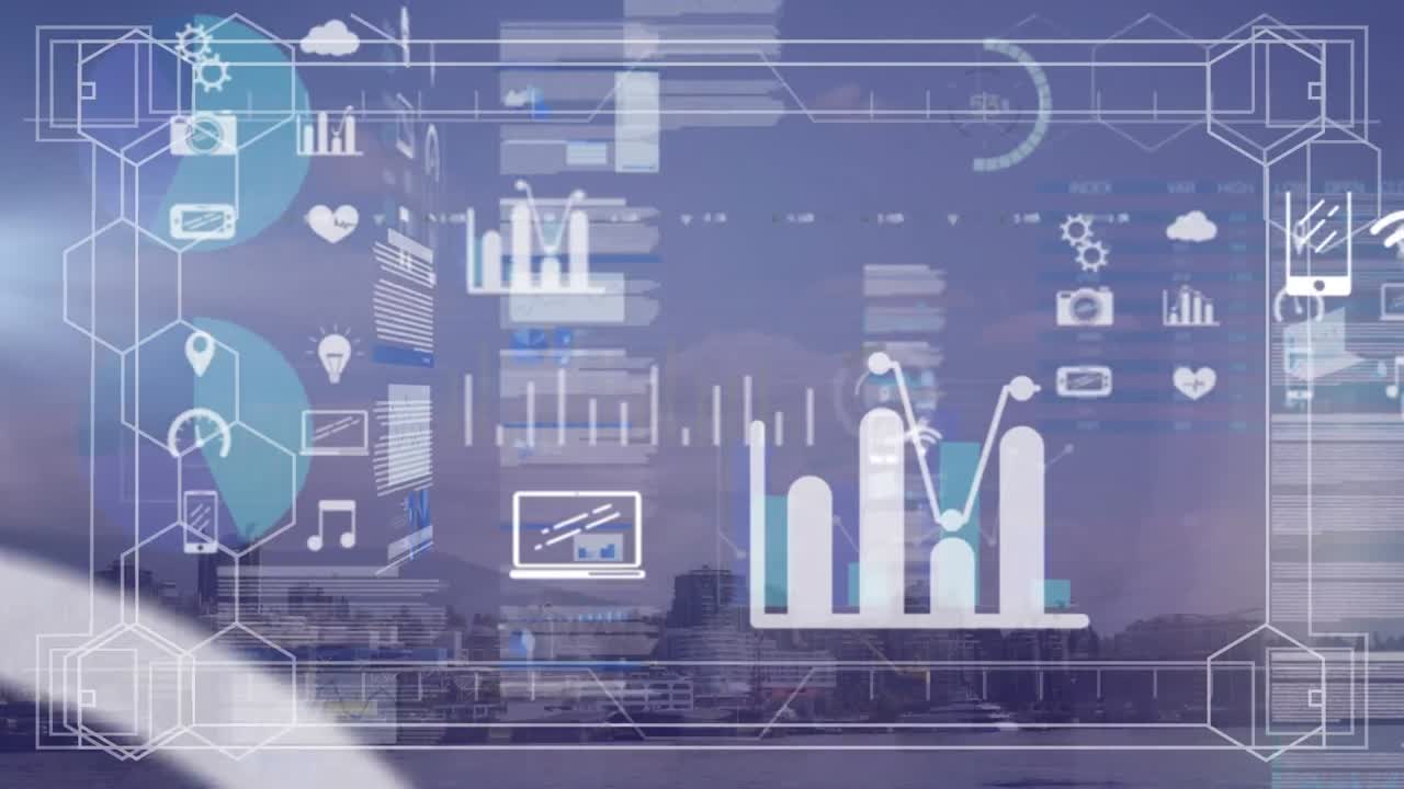 Animation of digital interface with data processing over aerial view of cityscape