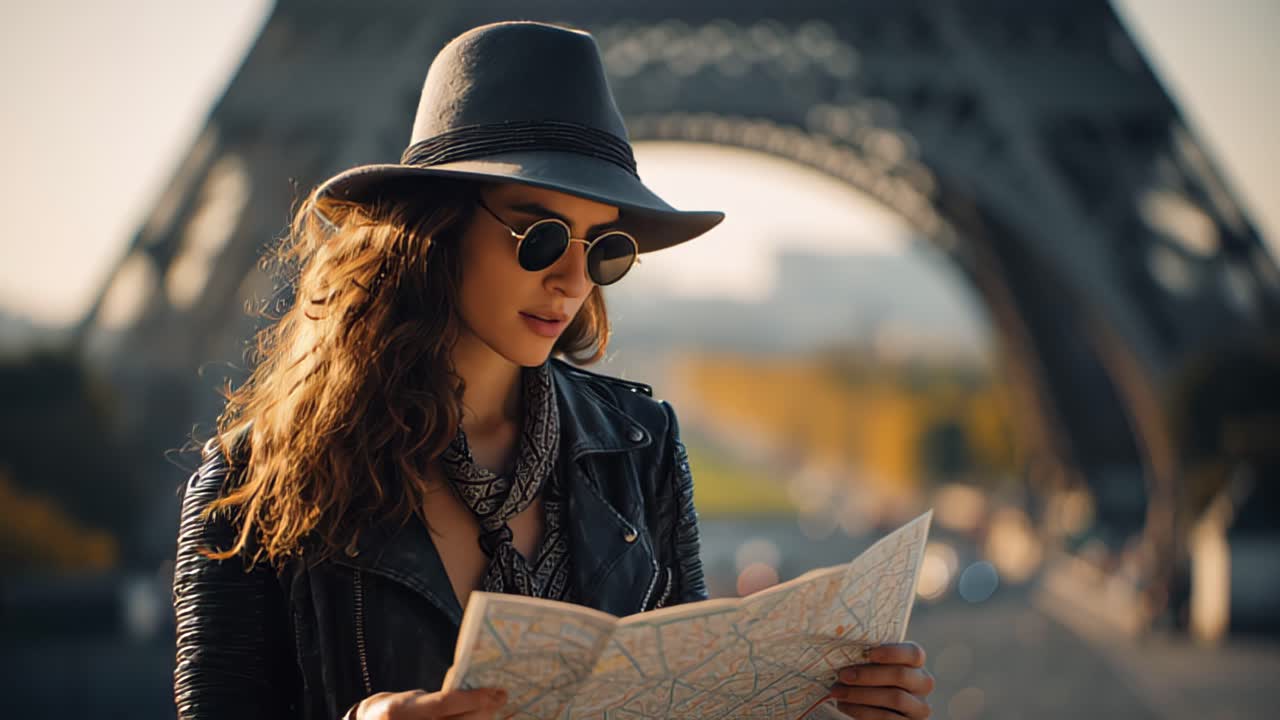 Filmato di viaggio cinematografico di una giovane donna alla moda con cappello e occhiali da sole che legge una mappa cartacea con la Torre Eiffel leggermente sfocata dietro di lei a Parigi, Francia.