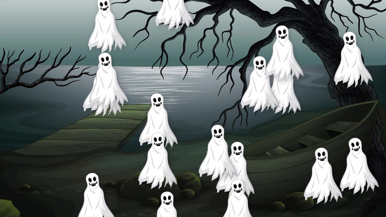 Animated white ghosts fall vertically against a dark swamp background with trees and boats.