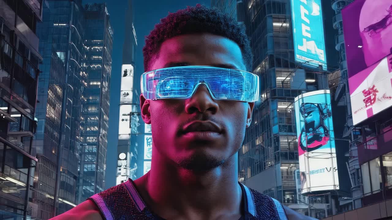 Cyberpunk man in futuristic city