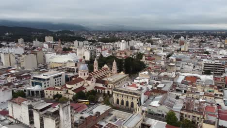 Low-aerial-approaches-Salta-Cathedral-church-in-Salta,-Argentina