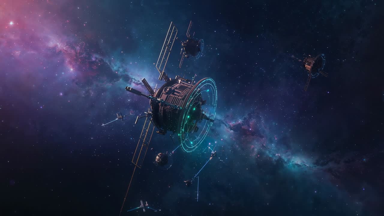 Entering frame, station drifting and activating turquoise-green energy ring amid purple-blue nebula