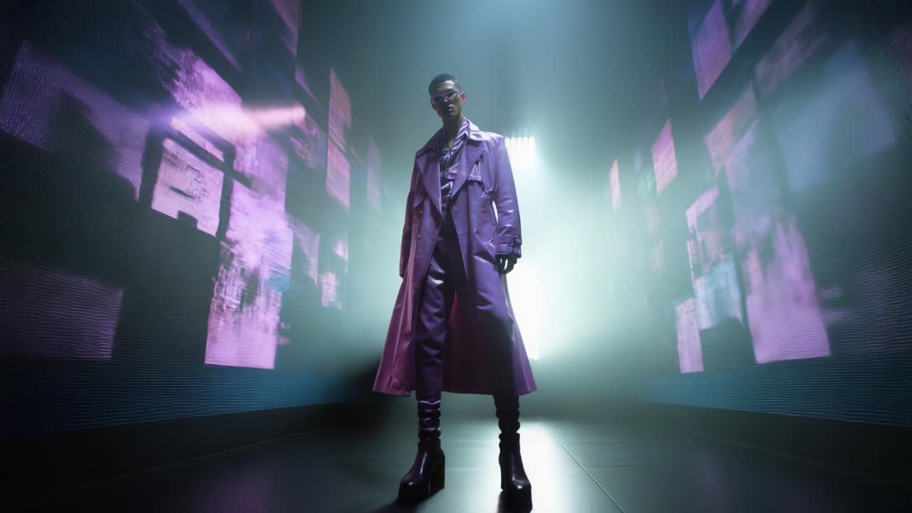 A striking visual of a confident figure in a glossy purple trench coat standing against a backdrop of vibrant digital screens, embodying a fusion of fashion and technology in an electrifying atmosphere