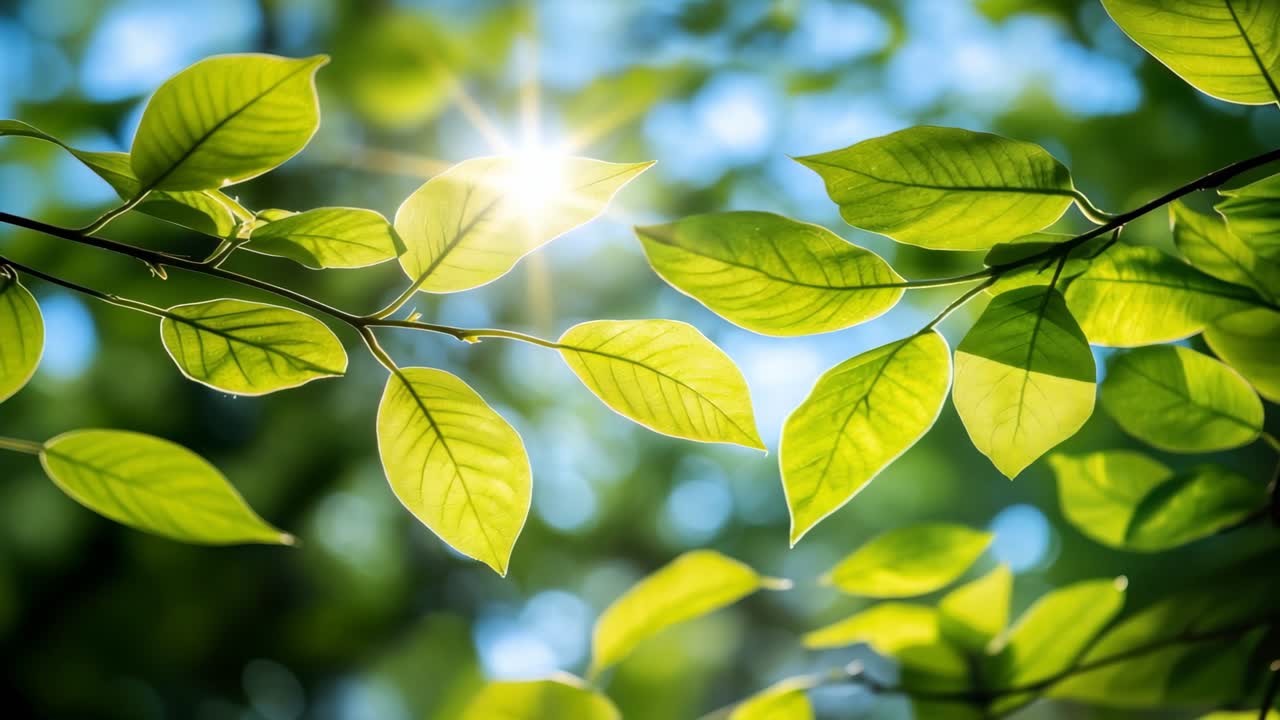 Close-up, low-angle view of sunlit green leaves against a blue sky, creating a serene, natural