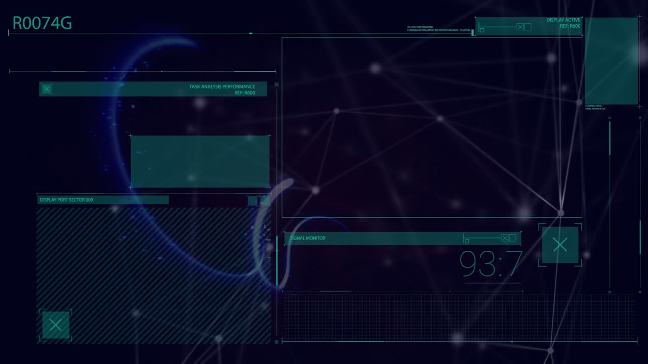 Animation of network of connections over light trails on black background