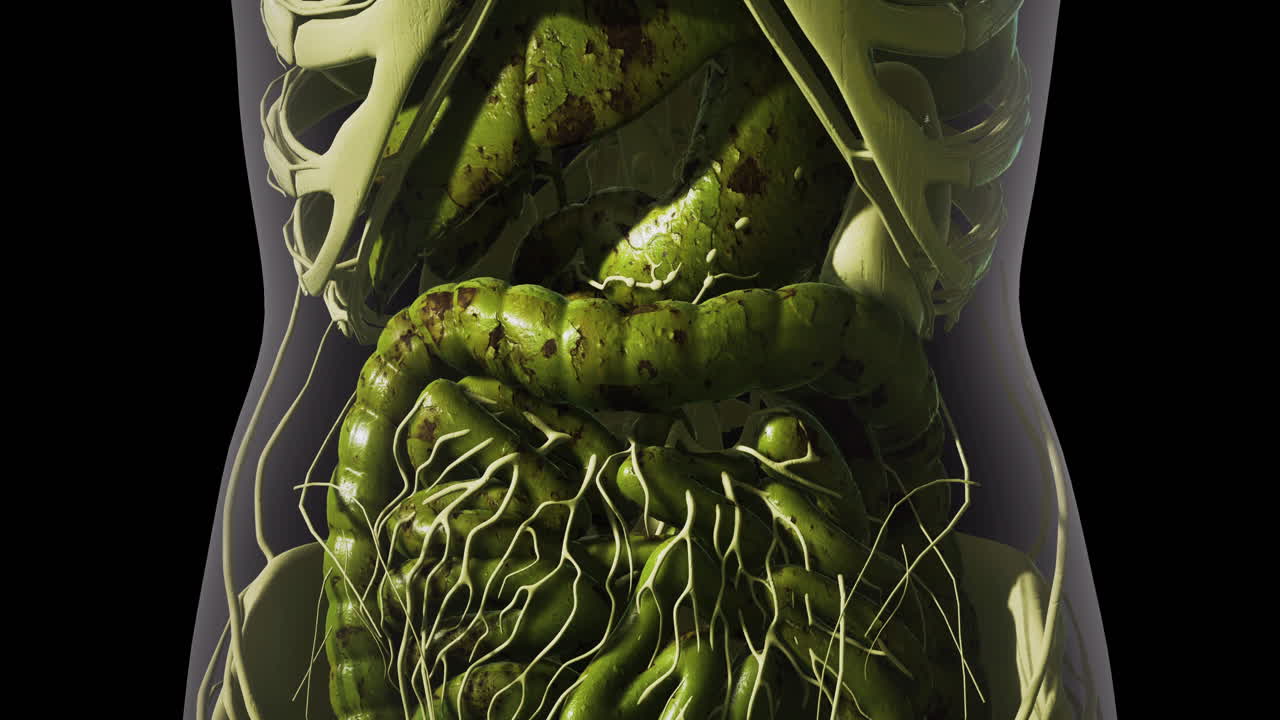 Detailed view of internal human organs with emphasis on the digestive system