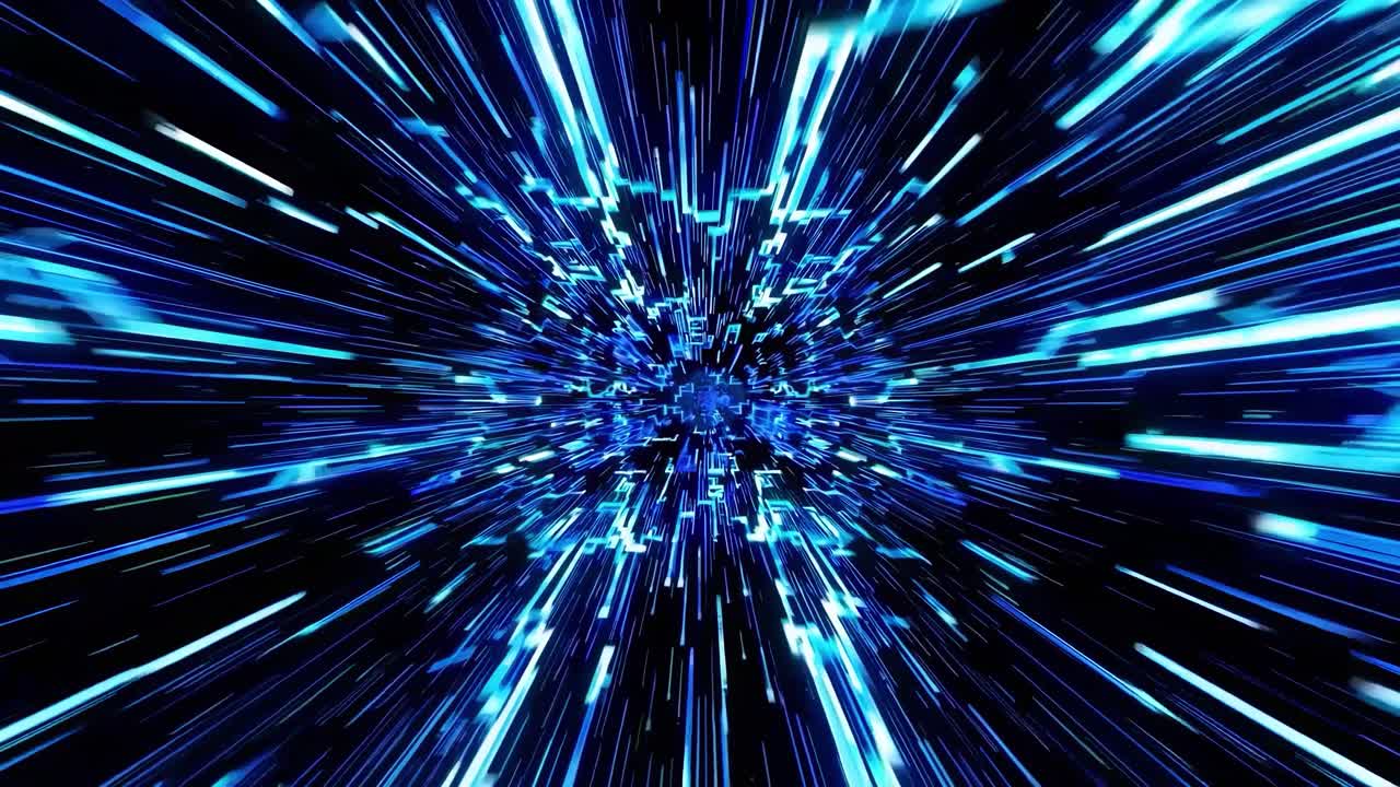 Concetto video dinamico con un effetto tunnel digitale e futuristico. L'angolazione della telecamera crea un senso