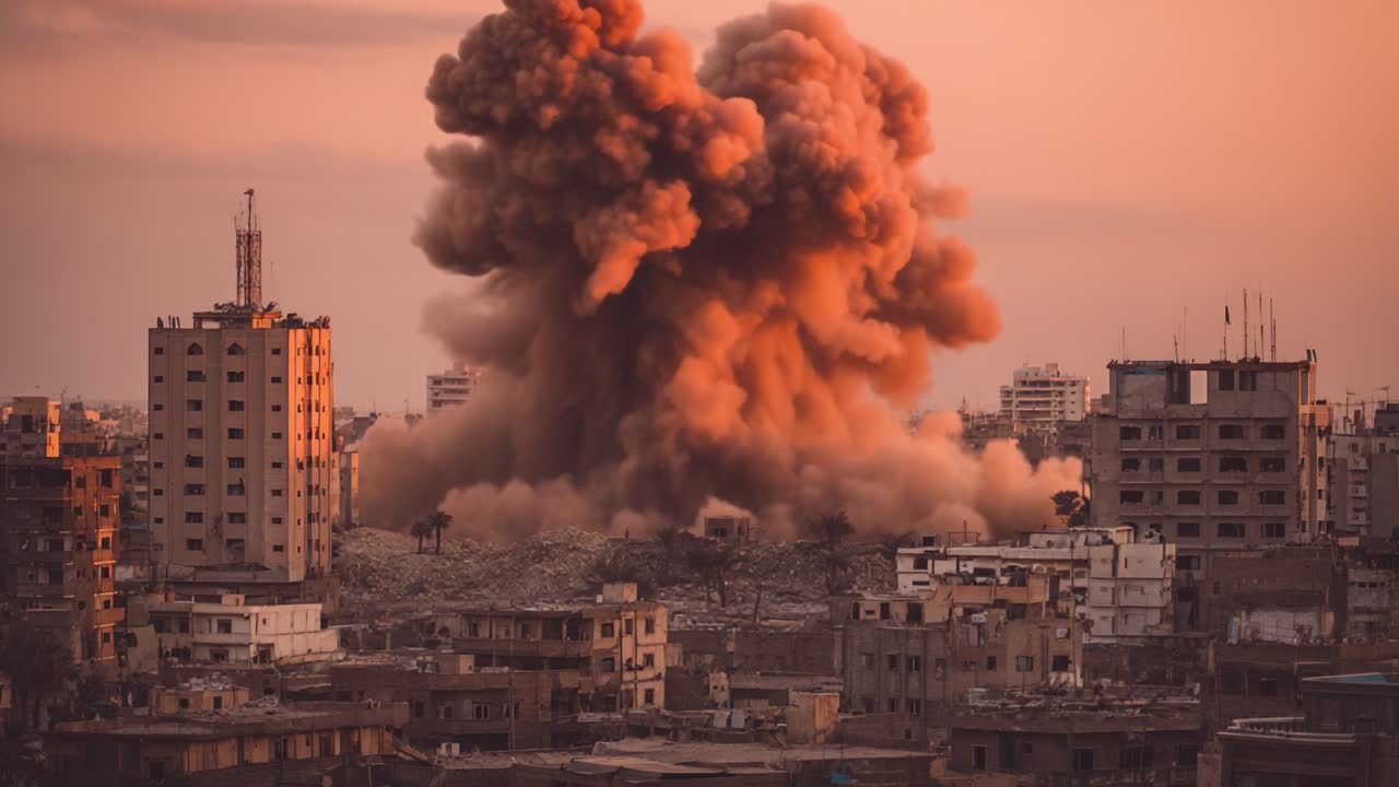 Esplosione drammatica in un paesaggio urbano: Catturando il caos e la distruzione sulla scia di una potente esplosione in mezzo a un paesaggio urbano al tramonto