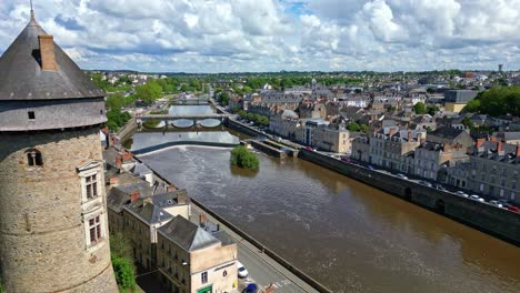 Chateau-de-Laval-castle,-riverside-and-bridges,-France