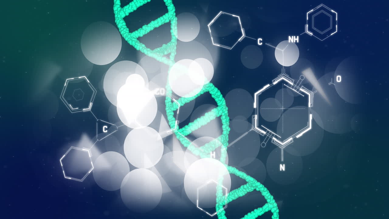 dna 나선과 육각형의 애니메이션은 화학 공식으로 조명된 렌즈 플레이어 위에 있습니다.