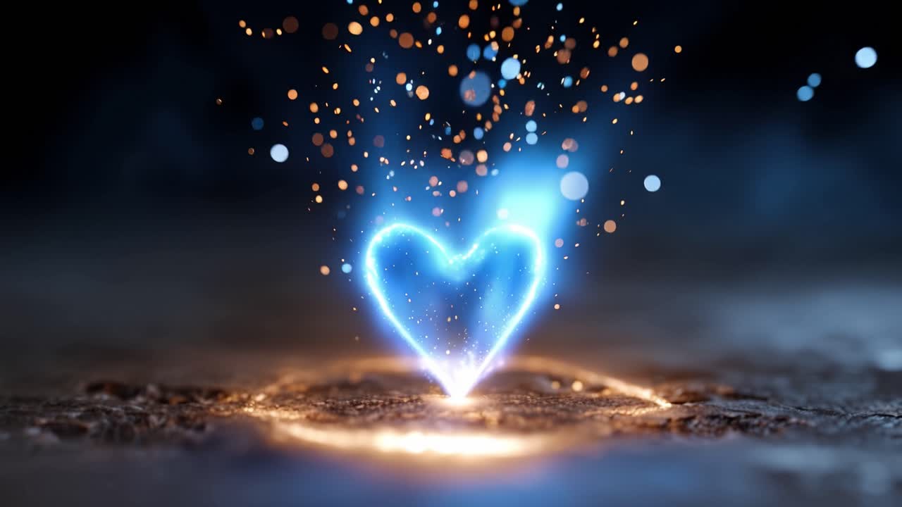 Glowing heart erupts from dark earth. Golden particles swirl around its radiant core. Soft blue light pulses with inner magic. Emotionless energy radiates from the heart's center. Perfect for romantic