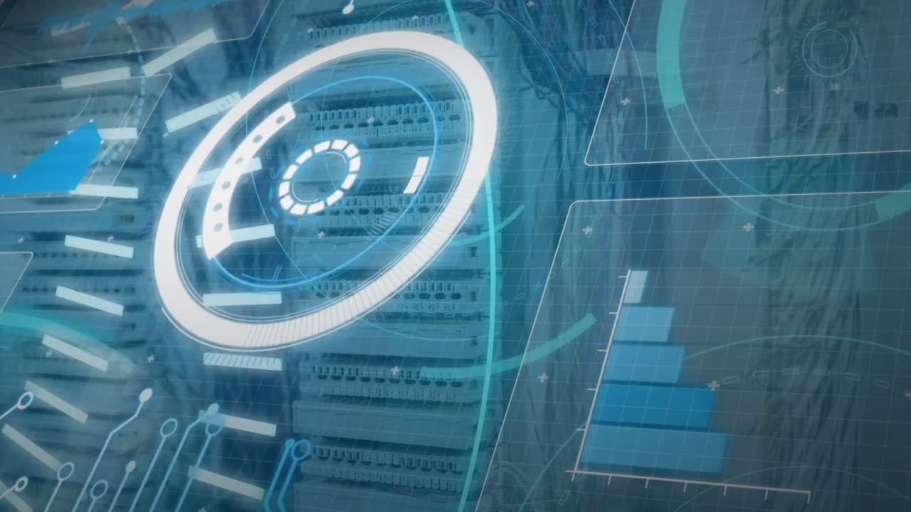 animación de texto 5g, radar, círculos, gráfico de barras y lenguaje de programación sobre el rack del servidor