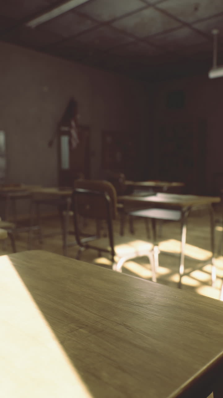 Bright sunlight filling an empty classroom reveals learning environment