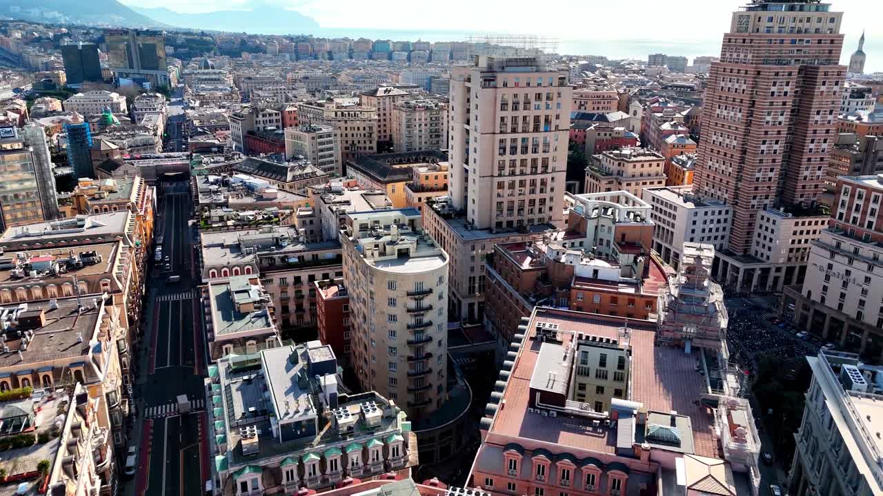 Genoa old town and Porto Antico from above on a sunny day