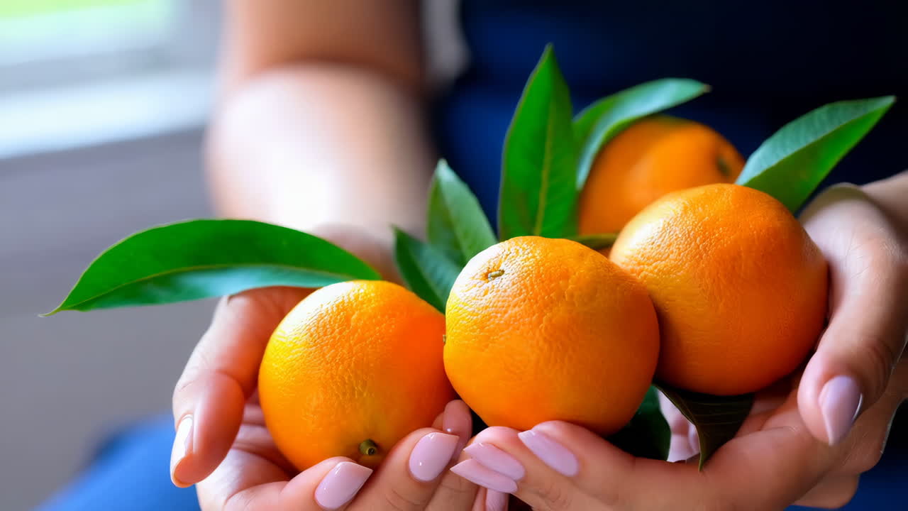 Hands holding fresh tangerines with green leaves