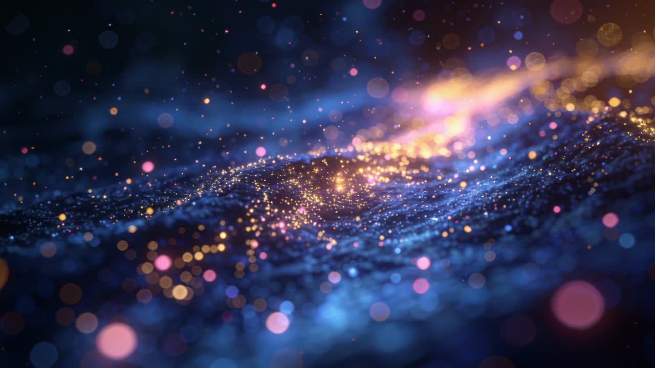 Piano luminoso cangiante nel vuoto oscuro che reagisce a una scia dorata ascendente, diffondendo un bokeh oro rosa.