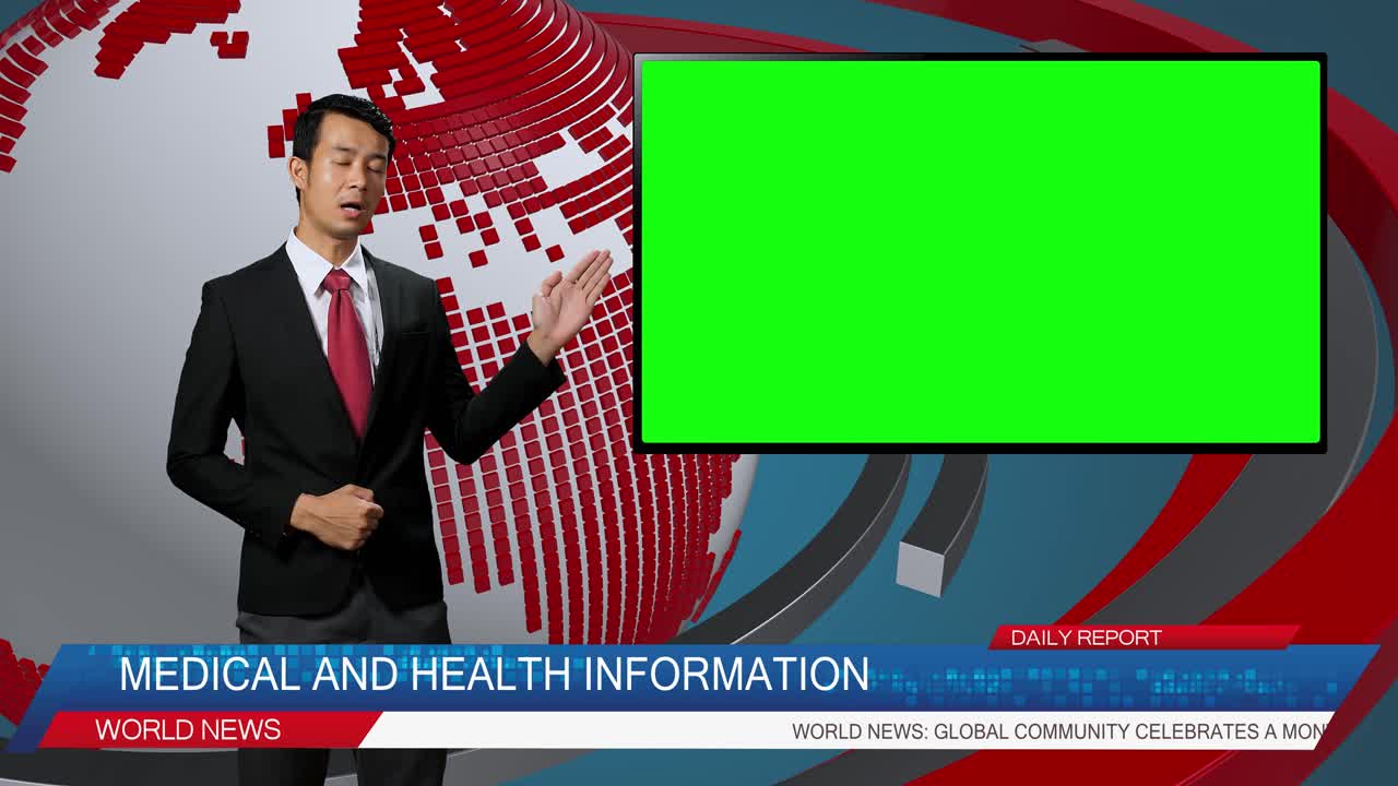 Live News Studio With Asian Male Anchor Reporting On Medical And Health, Video Story Show Green Chroma Key Screen Placeholder Copy Space.Television Newsroom Channel With Professional Presenter