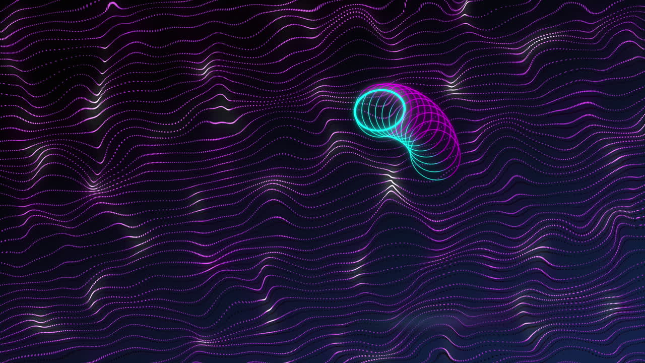 Animation of colorful circles over purple lines on black background