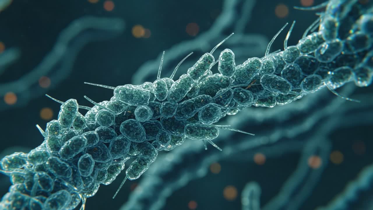 A Close-Up Exploration of Microbial Life: Magnified View of Bacterial Structures Displaying Intricate Details and Interconnected Growth Patterns