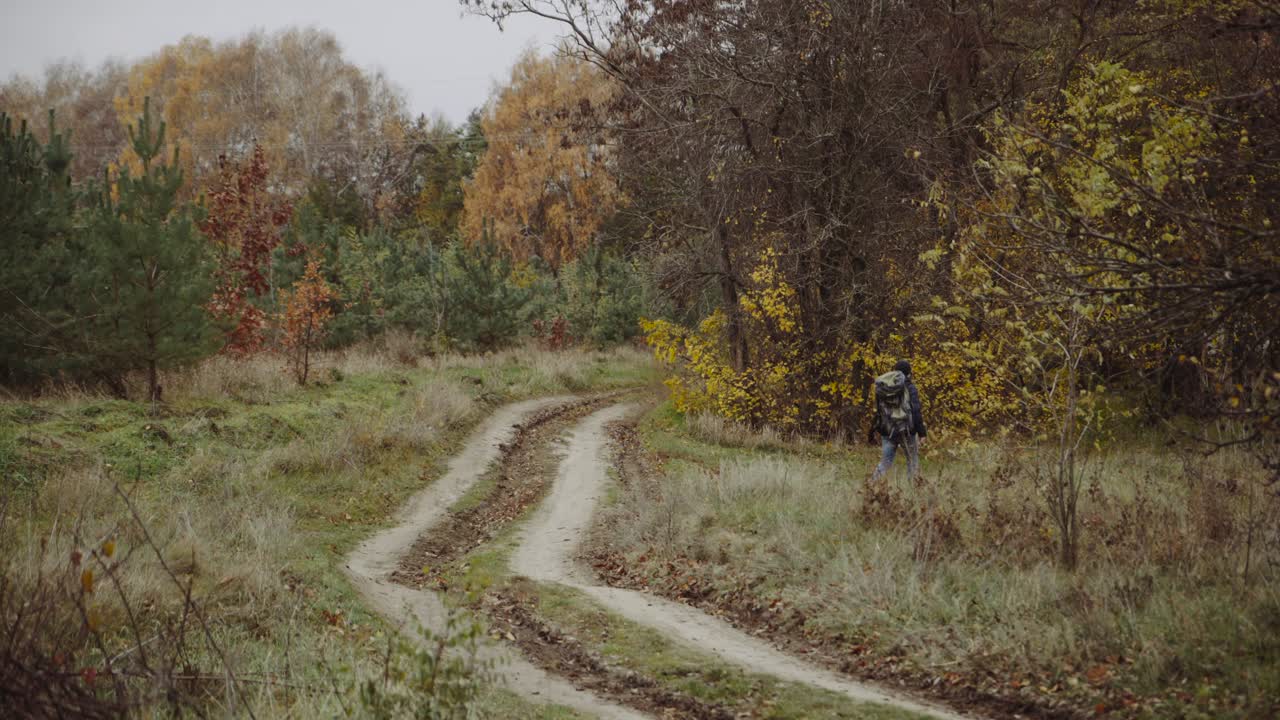 Tourist with backpack. Hiking man with backpack looking at inspirational autumn golden trees and woods