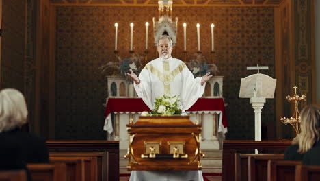 coffin, church and priest at funeral service