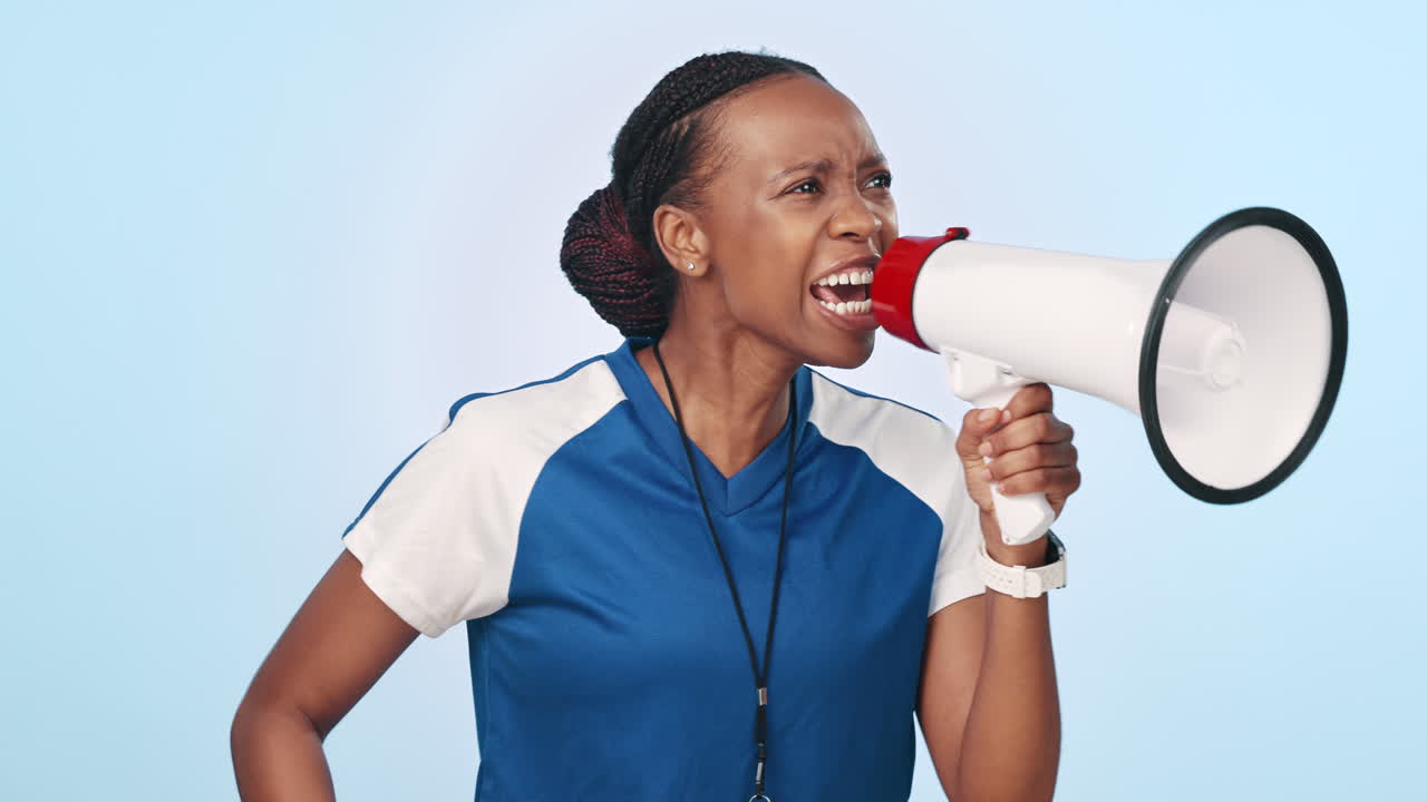 Black woman, megaphone and coaching for sports