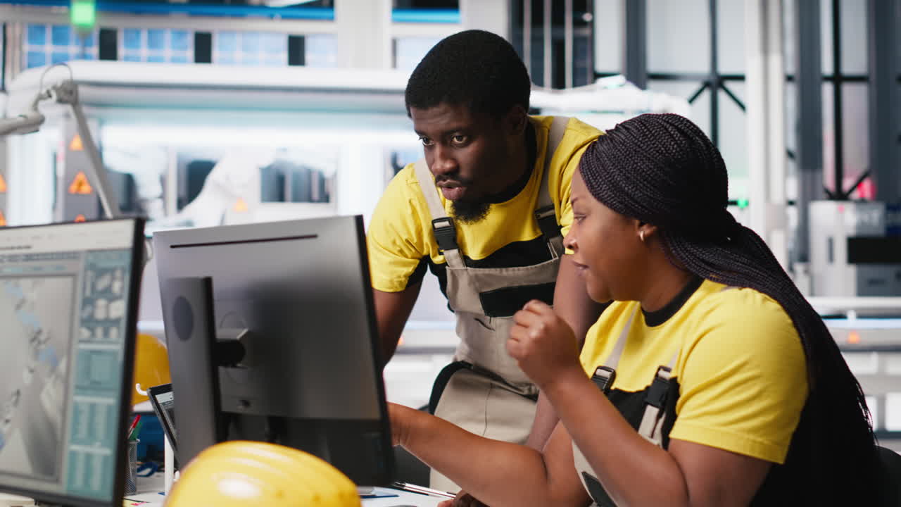 Vertical Video Black engineering team working at a high tech solar panel factory