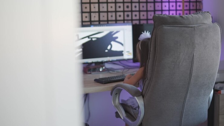 Una bambina con un bellissimo vestito disegna su un computer.