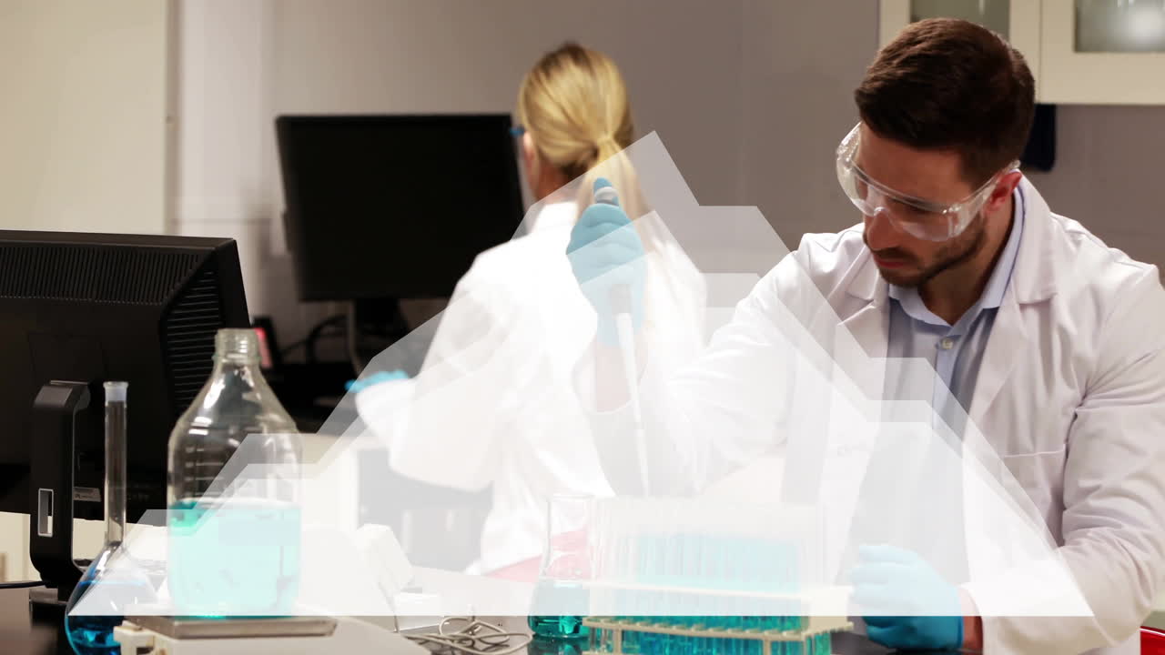 Male scientist pipetting blue liquid into test tubes in science lab, with floating data graphs