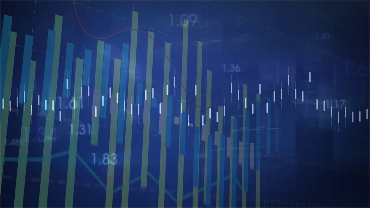 Tikkende bølgeform igangsætter fluktuerende blågrønne søjler, mens et orange linjediagram sporer finansielle tendenser