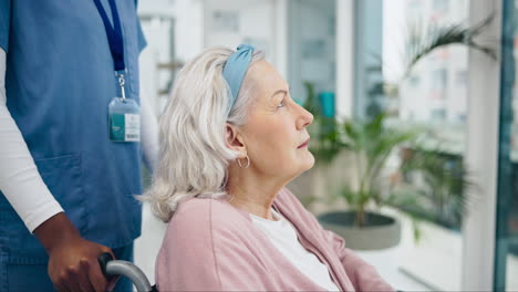 thinking, sad and nurse with old woman