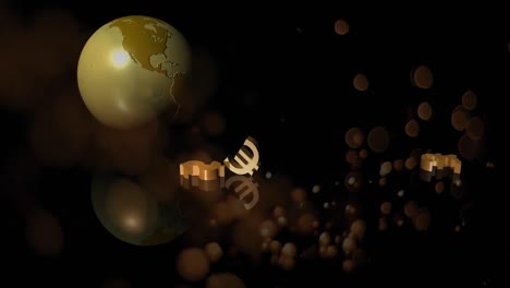 globe rotating and currencies falling down with bubbles blowing against dark background