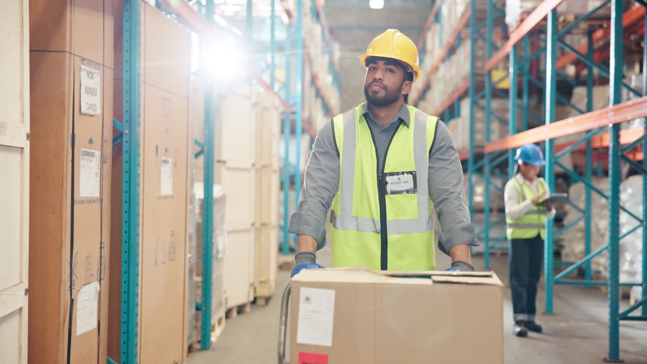 Magazziniere con gilet di sicurezza che spinge scatole
