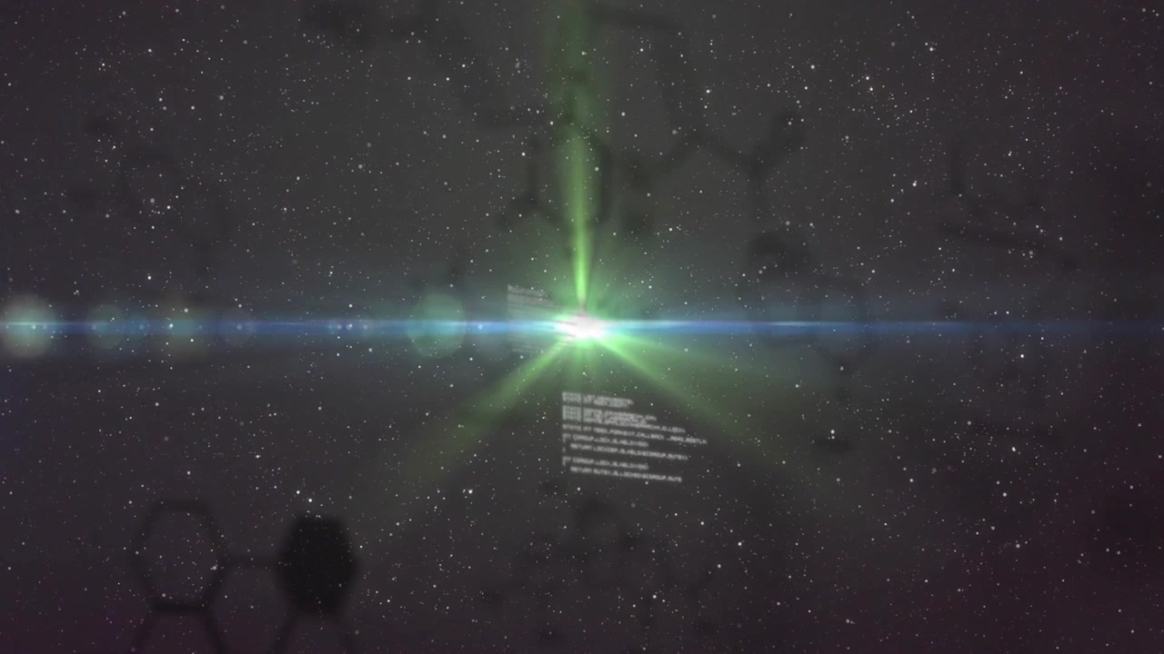 Bagliore verde pulsante che crea un effetto lens flare mentre pannelli di codice fluttuano mostrando una struttura molecolare.