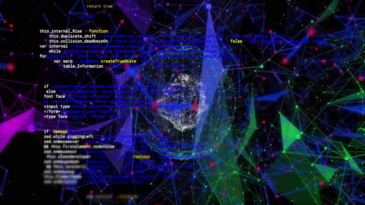 Animation of digital data processing over globe with connections on black background