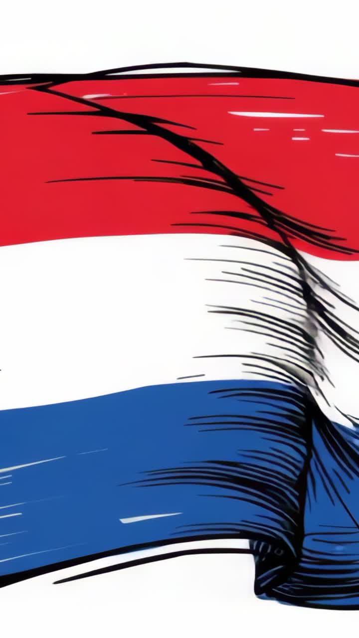 Vertical video: Animating hand drawn Dutch flag waving on screen simulating wind with brush strokes