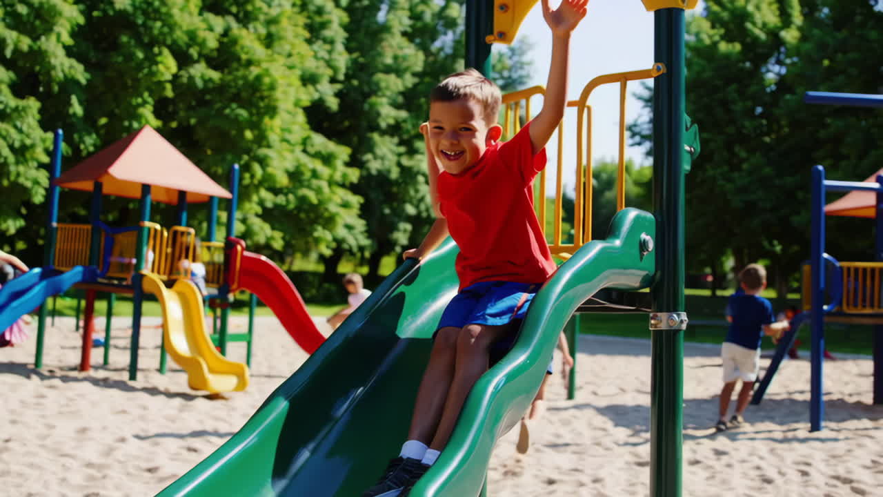 A happy boy sliding down a green slide at a sunny playground