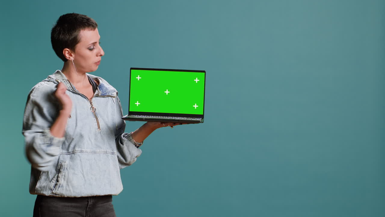 mujer sosteniendo una laptop con pantalla verde